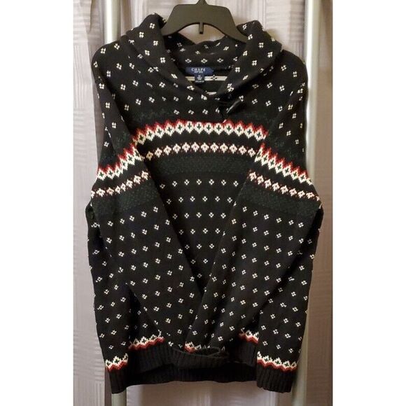 VINTAGE Chaps Ralph Lauren Black Cotton Fair Isle Ski Knit Holiday Sweater 1X XL - Picture 2 of 7